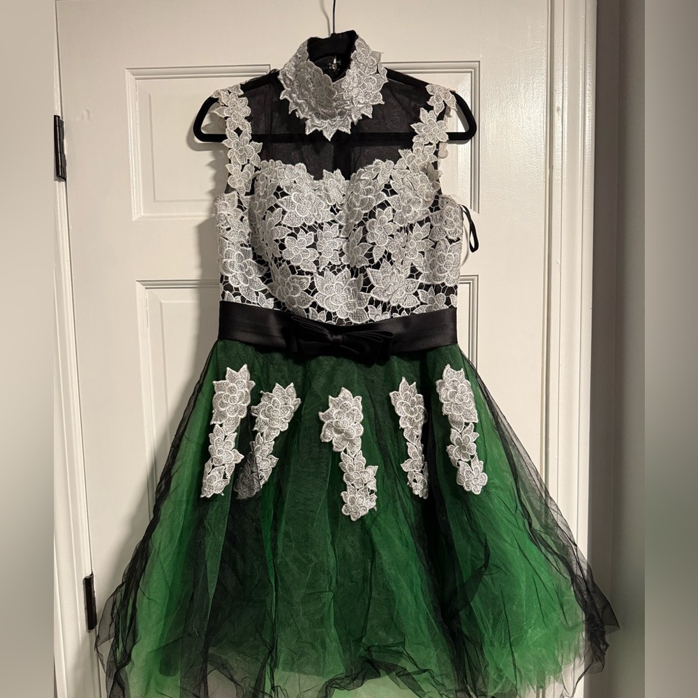 One-of-a-Kind Handmade Green & Black Formal Dress w/ Lace Detail-Signed by Maker
